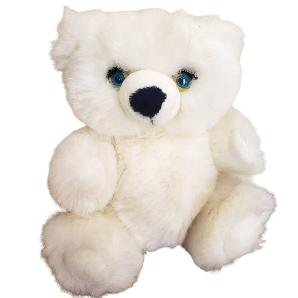 𝅺VTG White Teddy Bear Sleepy Blue Eyes Jointed HugginPuff Plush 80s Toy Stuffed